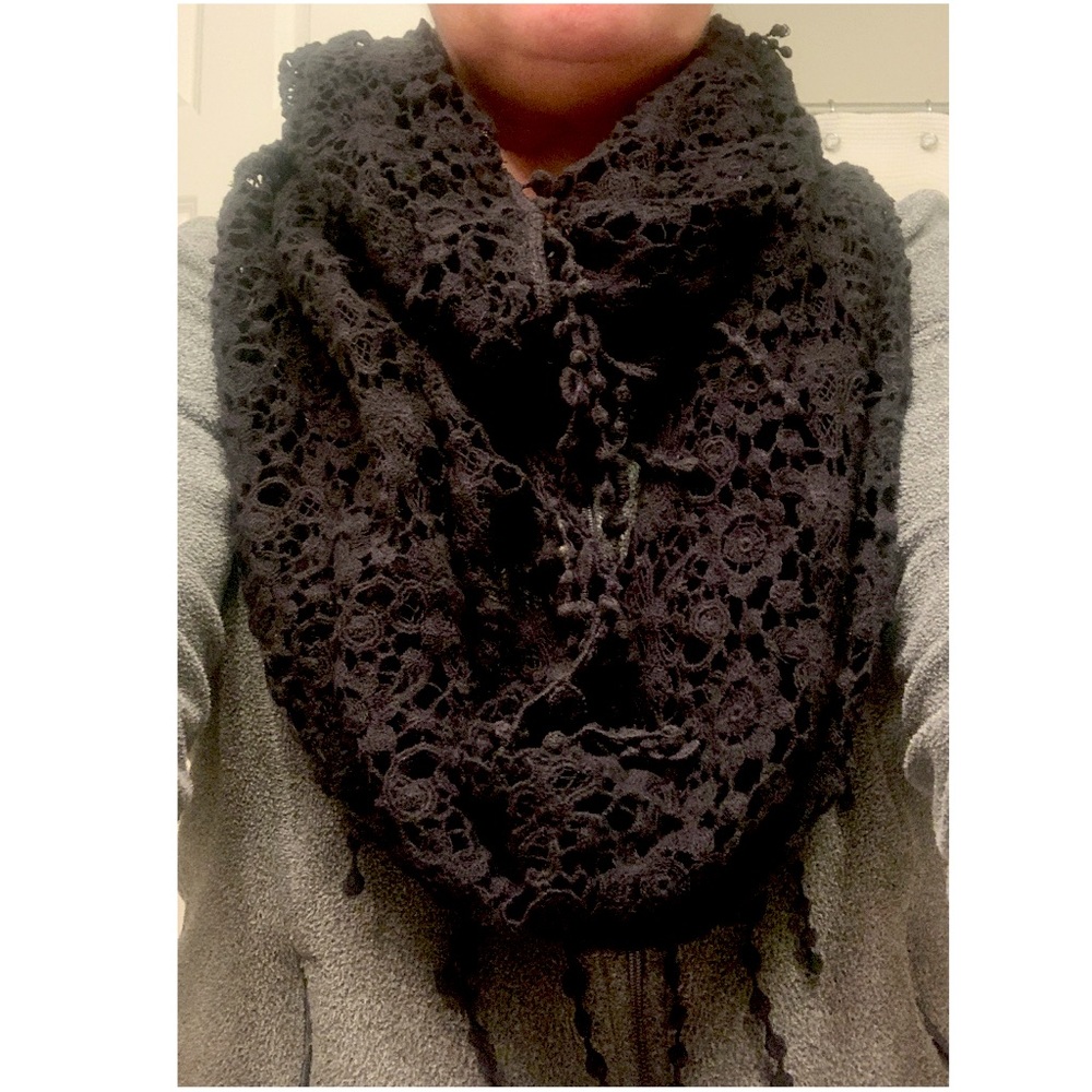 Black Knit Fringe Infinity Scarf